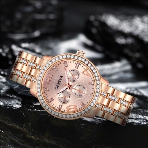 Fashion Women Luxury Stainless Steel Crystal Quartz Round Wristwatch