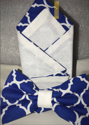 Blue & White Bow Tie w/Pocket Square
